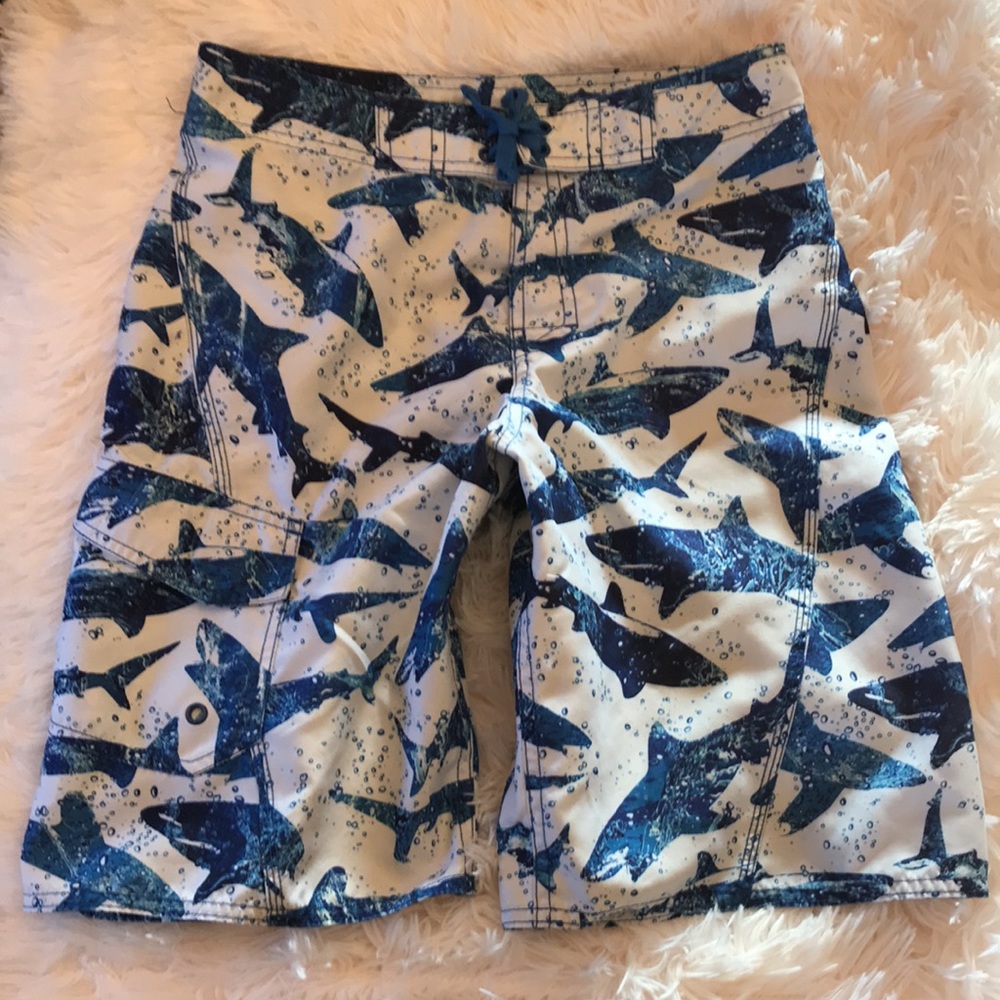 Boys LL BEAN Blue White SHARK Board Shorts Sz 14
